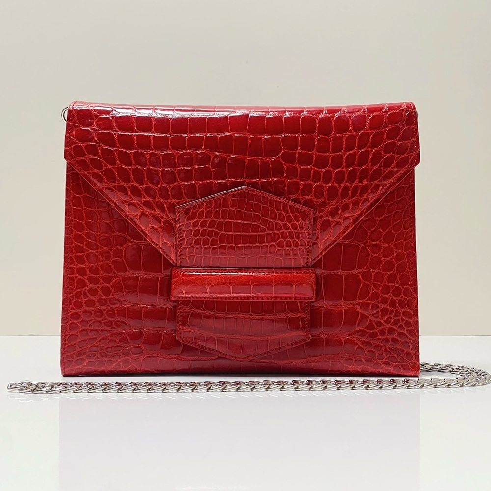 SISO Italy Red Faco Style Crocodile Alligator Skin Envelope Clutch Crossbody Bag
